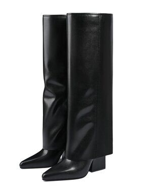 🆕 Knee High Boots for Women Fold Over Pointed Toe Shark Tall Boots Block Low